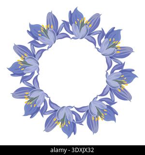 Vector illustration of a blue spring flower wreath arranged in a round composition on white background. Elegant design for wedding invitation, card and branding. Stock Vector