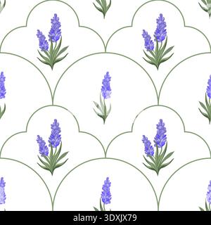 Seamless vector spring floral pattern with lavender in a geometric arrangement on a white background. Decorative floral design for textiles and print. Stock Vector