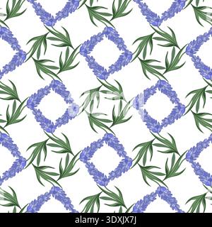 A seamless vector pattern featuring spring flowers on a white background, arranged in a geometric repeating pattern. This square design is suitable for printing, decorating, and surface application. Stock Vector