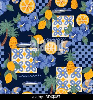 Mediterranean lemons seamless pattern with tropical flowers tiles coastal summer design Stock Vector