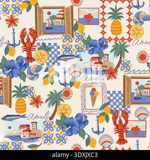 Mediterranean seamless pattern with Amalfi lemons seafood tiles summer illustration design Stock Vector