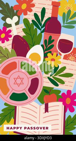 Passover holiday flat seamless pattern design in minimalist hand drawn style. Festive Passover Seder Plate Illustration with Floral Border and Jewish Stock Vector