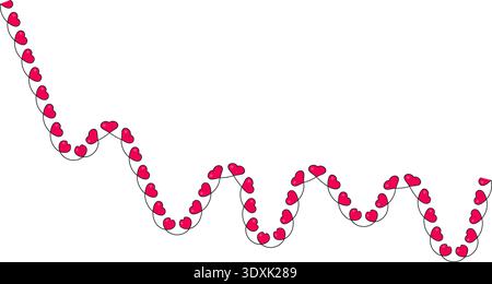 Wavy sinusoidal line with small red hearts following a chaotic and irregular path with unpredictable curves. Stock Vector