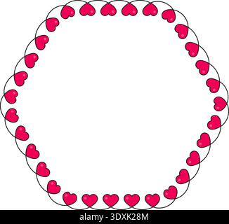 Wavy sinusoidal line with small red hearts distributed along the path, forming a hexagonal polygonal shape with alternating heart placements. Stock Vector