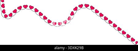 Wavy sinusoidal line with small red hearts distributed along an interrupted wave pattern with breaks in its flow. Stock Vector