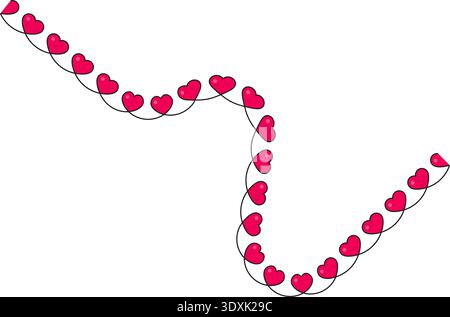 Wavy sinusoidal line with small red hearts along the path, featuring an irregular and abstract stroke with fluid movement. Stock Vector