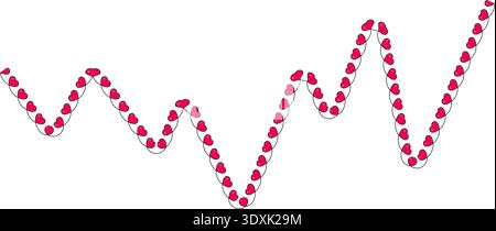 Wavy sinusoidal line with small red hearts positioned along an angular and sharp-edged path, alternating symmetrically. Stock Vector