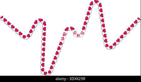 Wavy sinusoidal line with small red hearts positioned along a broken and fragmented path with sharp angles. Stock Vector