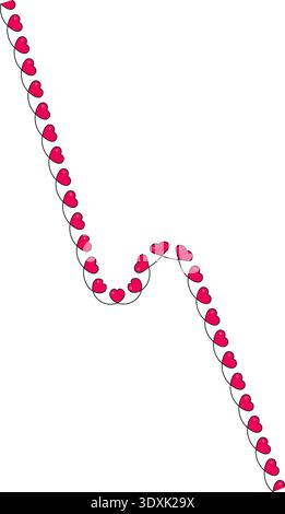 Wavy sinusoidal line with small red hearts distributed along a distorted and irregular zigzag path. Stock Vector