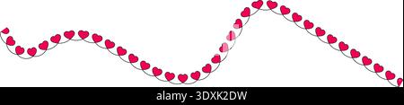 Wavy sinusoidal line with small red hearts along a cracked and fractured path with uneven breaks. Stock Vector