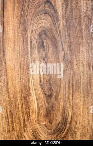 Close-up view of natural hardwood surface featuring detailed grain lines and a central knot pattern in warm brown tones, ideal for background, interio Stock Photo