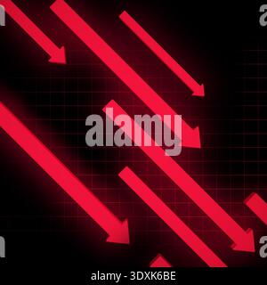 Multiple bold red arrows pointing down on a dark grid, symbolizing a continuous market decline and economic recession Stock Photo