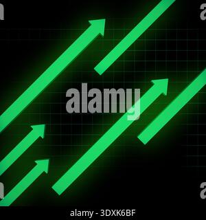 Green upward arrows showing growth, success, and rising trends in business or finance. Visualizing positive market movement Stock Photo