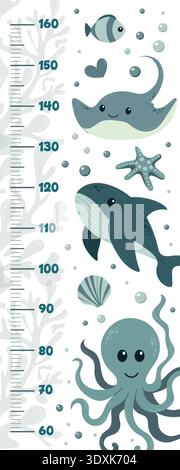 Underwater growth chart with whale, octopus, stingray and fish. Ocean themed vector height meter for kids room, nursery decor and baby wall art in Stock Vector