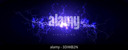 Lightning Electric Energy Plasma Neon Blue Voltage Current Spark Glow Surge Power Charge Arc Cyber Network Digital Circuit Data Pulse. Vector Stock Vector
