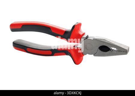 Red and Black Hand Pliers Isolated on White Background Stock Photo