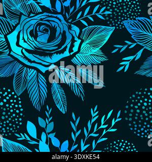 Seamless background with blue neon flowers rose. Hand drawn. Not AI, vector illustration Stock Vector