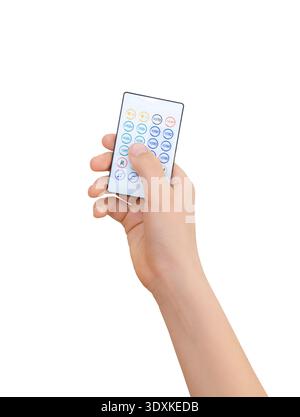 Hand holding wireless LED light remote controller isolated on white background with copy space Stock Photo