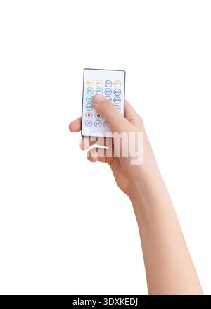 Close up of hand using remote control with multiple buttons isolated on white background Stock Photo