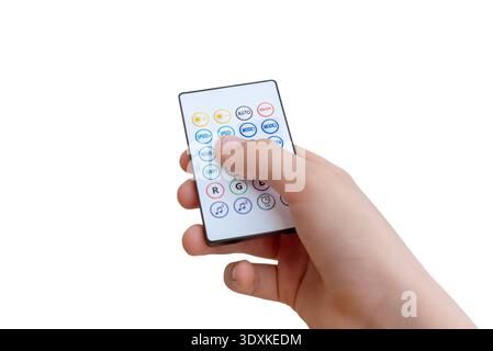 Hand pressing button on wireless remote controller isolated on white background Stock Photo