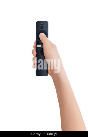 Close up of hand using wireless tv remote controller isolated on white background Stock Photo