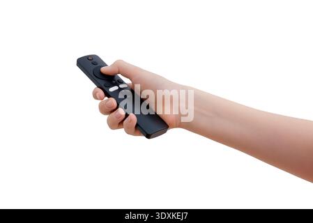 Hand pressing button on wireless television remote control isolated on white background Stock Photo