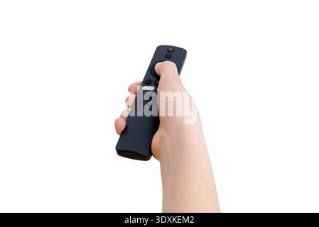 Hand holding wireless television remote controller for smart tv isolated on white background Stock Photo