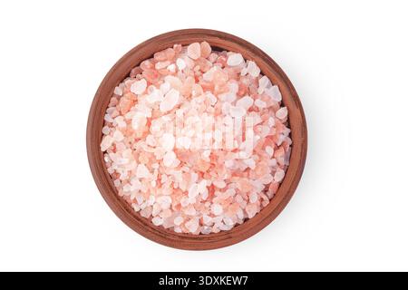 Pink Himalayan salt in ceramic bowl isolated on white background. Top view. Stock Photo