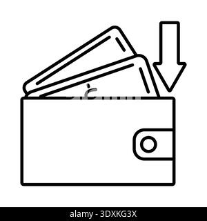 Inflation. Leather wallet sign with dollar bills inside, arrow down. Symbol of money value decrease. Linear vector illustration. Stock Vector