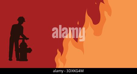 Firefighting with fire hydrant. Bright poster on fire safety with copy space. Vector illustration in flat style. Stock Vector
