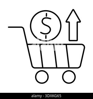 Food price increase. Consumer basket cost rise, supermarket cart sign, dollar sign and arrow up. Vector linear illustration. Stock Vector