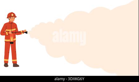 Fire safety training poster with free space for text. Foam from fire extinguisher of young male firefighter. Vector illustration Stock Vector