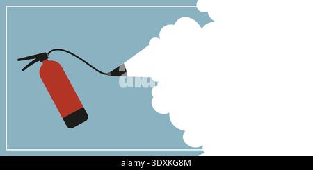 Poster for fire-fighting stand. Red fire extinguisher sprays foam on blue background. Vector flat illustration Stock Vector