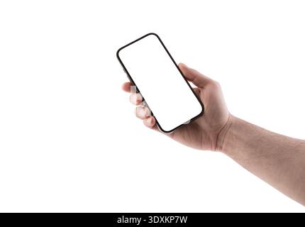 Hand holding modern smartphone with blank screen isolated on white background with clipping path Stock Photo