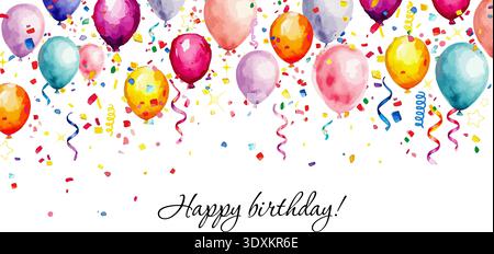 Watercolor balloons background. Happy Birthday. Hand drawn. Not AI, vector illustration. Stock Vector
