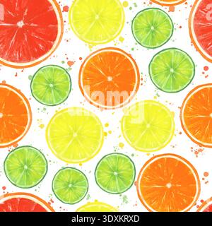 Bright seamless watercolor pattern featuring orange, lemon, lime and grapefruit slices with paint splashes. Fresh citrus summer design perfect for tex Stock Photo