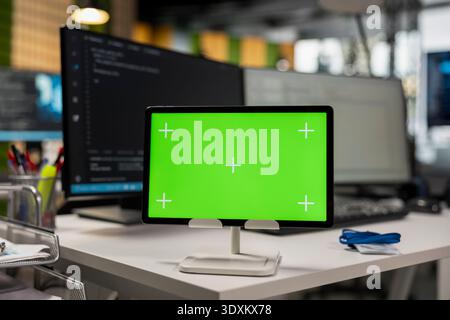 Isolated screen tablet in empty AI startup office used by programmers building scalable solutions for businesses. Chroma key device in Silicon Valley workplace leveraging machine learning technology Stock Photo