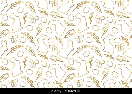 seamless golden easter pattern with rabbits, catkins, eggs, tulips and bows- vector illustration Stock Vector