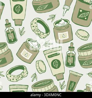 Natural Organic Skincare Cosmetics Seamless Pattern. Cream, Bottles, Aroma Oil and Headband on Light Background. Sage Green Hand Drawing Doodle templa Stock Vector
