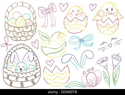 Colored outline vector set of decorated Easter eggs, bunnies, and chickens. Spring illustration. Perfect for kids designs, coloring pages Stock Vector