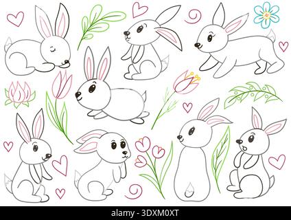 Colored outline vector set of bunnies. Spring illustration. Perfect for kids designs, coloring pages, posters, stickers Stock Vector
