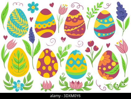 Colorful vector set of decorated Easter eggs. Bright spring illustration featuring hand-drawn flowers, leaves, hearts. Perfect for holiday cards, post Stock Vector