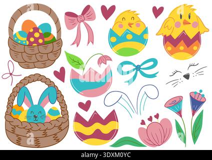 Colorful vector set of decorated Easter eggs, bunnies, and chickens. A vibrant spring illustration. Perfect for holiday cards, invitations Stock Vector