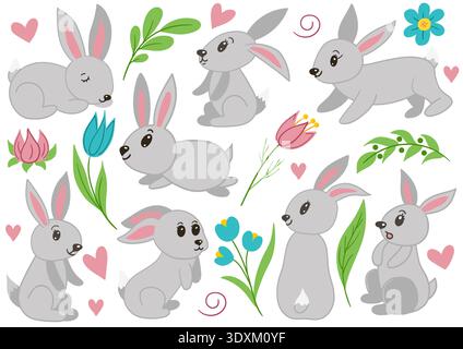 Colorful vector set of bunnies. A vibrant spring illustration. Perfect for holiday cards, invitations, wrapping paper, posters, and seasonal designs Stock Vector
