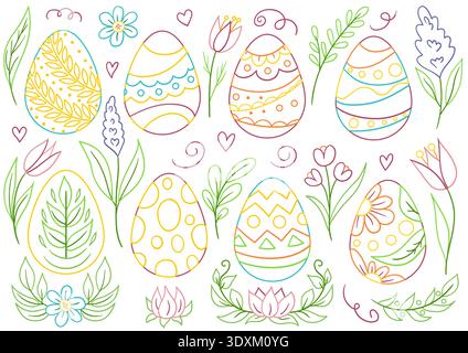 Colored outline vector set of decorated Easter eggs. Spring illustration. Perfect for kids designs, coloring pages, posters, stickers Stock Vector