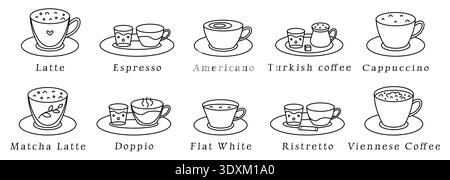 Types of coffee, black line icon set, editable stroke signs, vector cliparts. Latte, Espresso, Americano, Turkish coffee, Cappuccino, Matcha Latte, Do Stock Vector