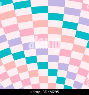 Colorful distorted checkerboard background. Retro psychedelic checkered wallpaper. Wavy groovy chessboard surface. Trippy twisted geometric pattern. Abstract vector backdrop Stock Vector