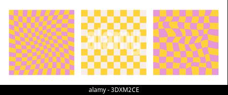 Twisted checkered colorful background. Abstract vector pattern. Retro wavy psychedelic checkerboard. Funky retro aesthetic prints for modern design. Y2k art. Yellow and pink colors Stock Vector