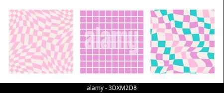 Colorful trendy checkerboard square pattern collection. Set of geometric bright square background in vintage psychedelic y2k style. Lilac, pink and green color. Funny cute texture for surface design. Stock Vector