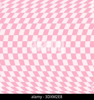 Pink distorted checkerboard background. Retro psychedelic checkered wallpaper. Wavy groovy chessboard surface. Trippy twisted geometric pattern. Abstract vector backdrop Stock Vector